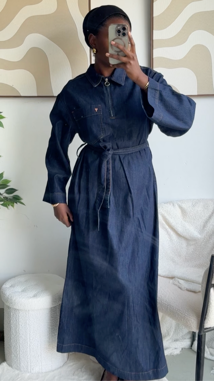 JENNA – Denim Belted Maxi Dress