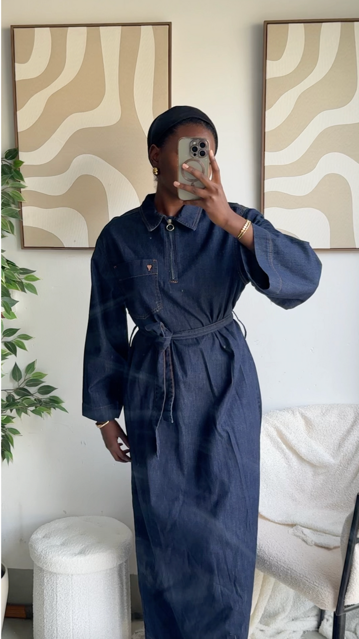 JENNA – Denim Belted Maxi Dress